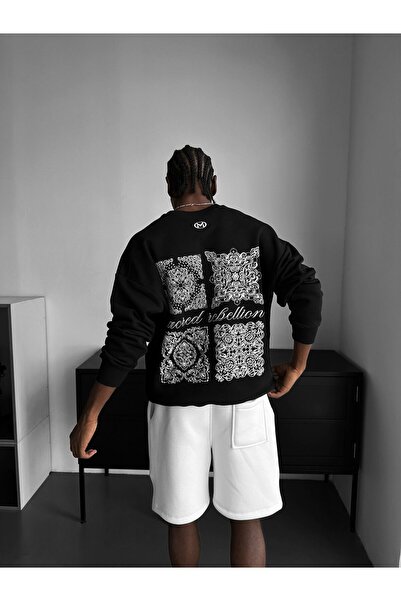 elkumoda Men's Oversized Bandana Patterned Sweatshirt Sacred Rebellion Printe...