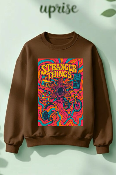 Vordevia Hanorac Stranger Things Design cu imprimeu din bumbac 3 fire B guler rotund O supradimensionat