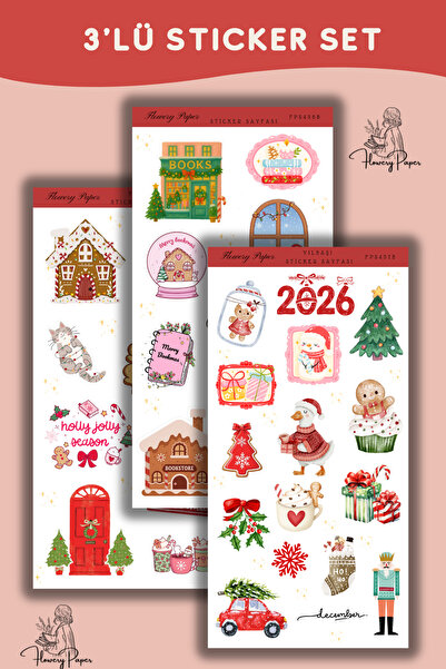 Flowery Paper 3'lü Yeni Yıl Temalı Sticker Sayfası ,Defter,ajanda ,journal,sc...