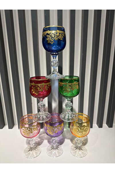 Vakıf home Bohemia Kristal Renkli Fırça Yaldız 24 K Renkli Kahve Yanı Su Bardağı