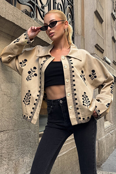 bacc Jachetă supradimensionat pentru femei, bej, cu închidere cu nasturi, cu ...