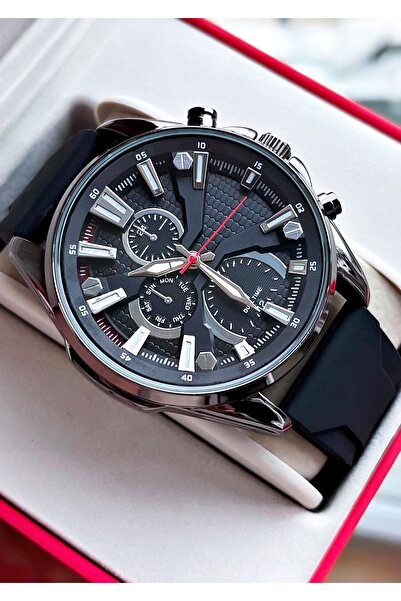 Weluxa Silikon Kordonlu Siyah Renk Kasa Spor Erkek Kol Saati + Saat Kutusu