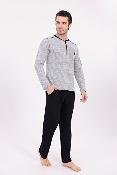 Lohusa Homewear Ανδρικό σετ πιτζάμες με μακρυμάνικο γκρι μαύρο σχέδιο ζακάρ β...