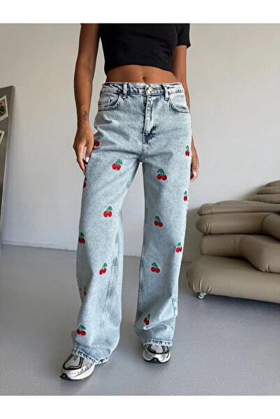 weywot Red Embroidered Retro Cherry Wide Leg Pants