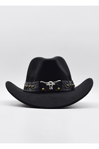 GLOW ACCESSORIES BAE PARTİ WESTERN KOVBOY ŞAPKASI BOĞA FİGÜRLÜ DERİ ŞERİTLİ FOTR