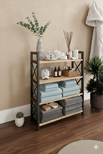 RAVILO Çok Amaçlı Dekoratif Banyo Rafı 4 Katlı Meşe