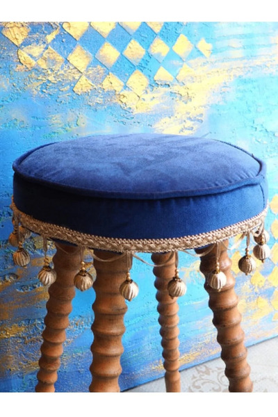 RENDORA MOBİLYA Mavi Renk Püsküllü Vintage Puf Sehpa