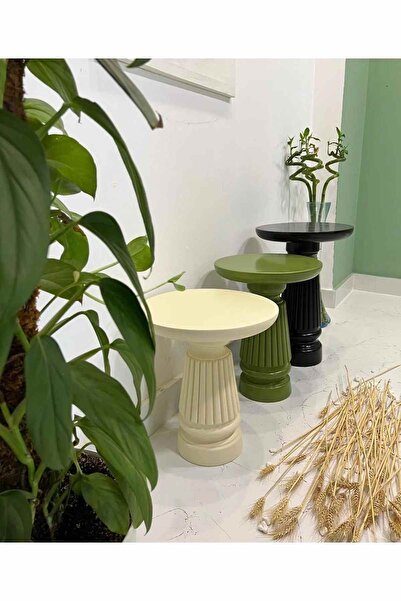 Simillo Home&Living Ahşap Mantar Sehpa 3’lü Siyah-Yeşil-Krem Renk Zigon