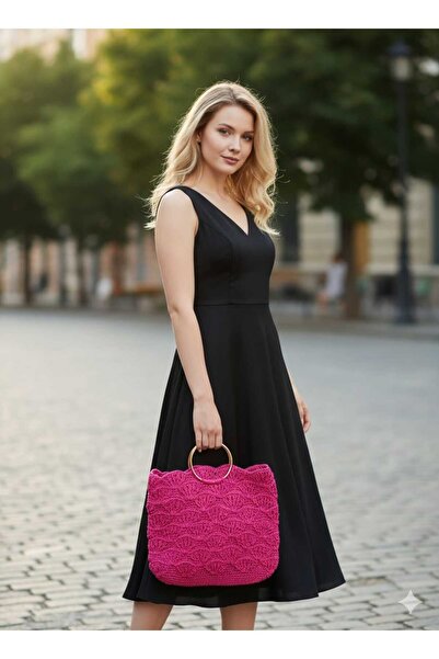 trendhazan A KALİTE KAĞIT İPLİKTEN EL ÖRGÜSÜ METAL YUVARLAK EL TUTAMACLI ASTARSIZ OMUZ ÇANTASI