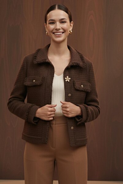 Byelmira Women's Gold Button Detailed Tweed Jacket Brown