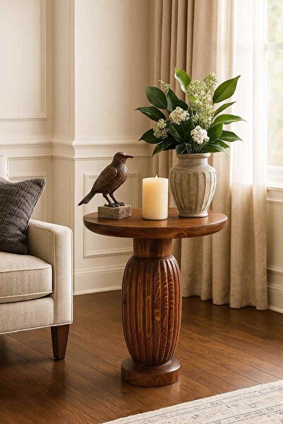 Simillo Home&Living Doğal Masif Ahşap Meşe Renk Tekli Yan Sehpa