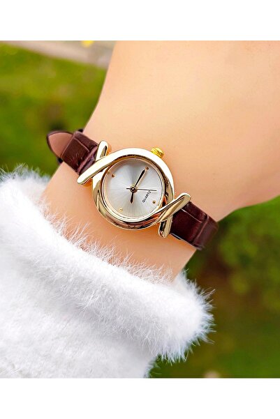 Weluxa Altın Renk Kasa Acı Kahve Deri Kordonlu Minimal Vintage Kadın Kol Saati