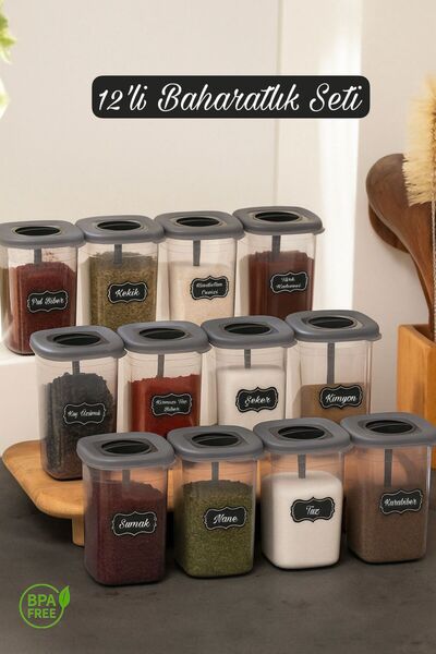 Funny Life طقم توابل مكون من 12 قطعة مع ملاعق - طقم توابل عملي مع أغطية وملصق...