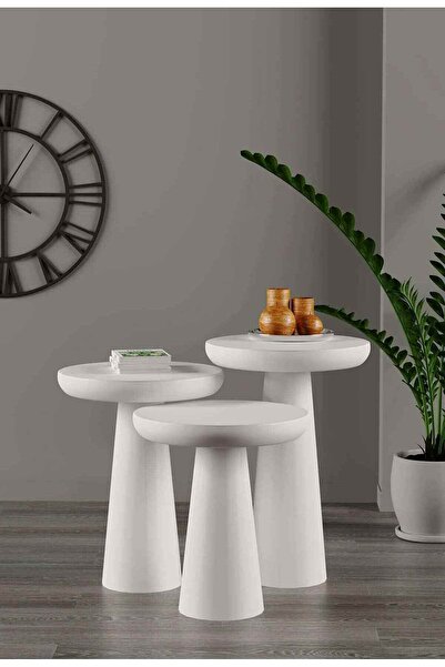 Simillo Home&Living Beyaz Renk Ahşap Mantar Sehpa 3’lü Zigon Sehpa Fiskos Seti