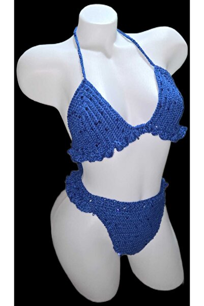 SWL El Örgüsü Parıltılı Mavi Bikini Takımı