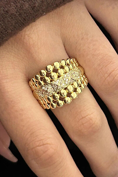 Kokoş Gold Color Patterned Stone Detail Adjustable Ring
