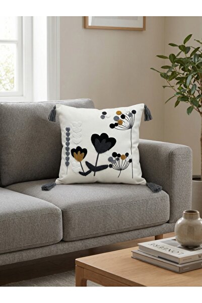 MACASA Bohemian Style Single Punch Embroidered 100% Cotton Ecru Fabric Handmade Plump Tassel Detailed Throw Pillow Cover