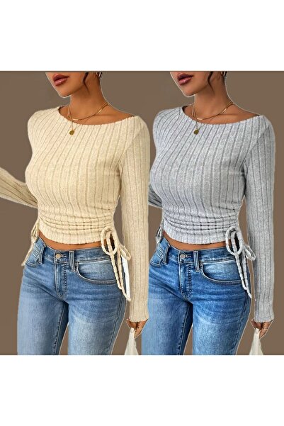 Wildco Double Boat Neck Long Sleeve Side Gathered L Stretch Fabric Blouse, Double Boat Neck Beige Gray Blouse Top