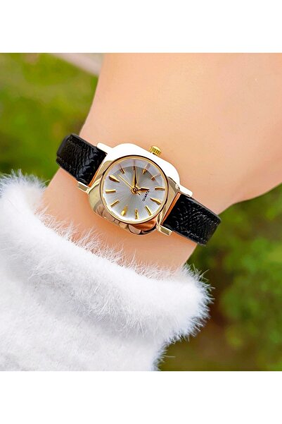 Weluxa Gold Color Case Black Leather Band Minimal Vintage Women Wristwatch