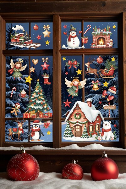 Sticker Ekspres Yılbaşı Temalı Ev Tren Ve Hayvanlar Cam Duvar Kapı Sticker Seti Yeni Yıl Süsleri