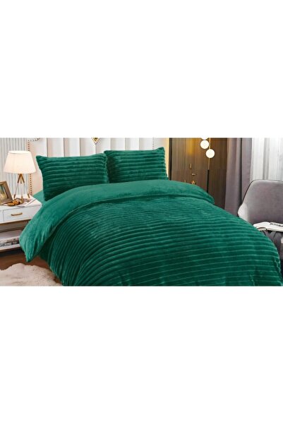 Luna Double Bed Bedding Set, Super Fluffy, Artificial Rabbit Fur, 4 pcs, Elastic, Emerald Green