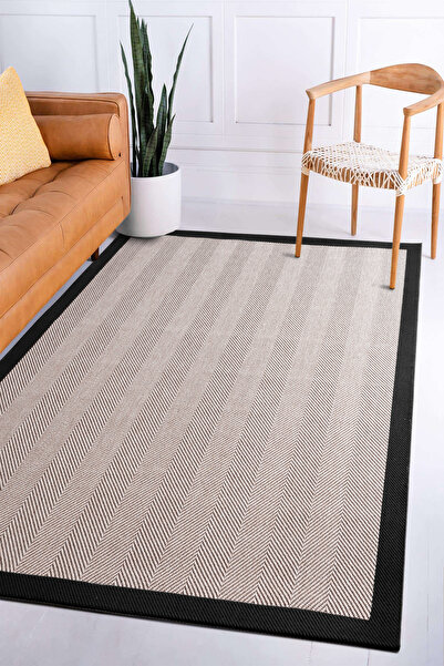Deseneva 1147 Bej-Siyah Sisal Jüt Halı Modern Yıkanabilir Toz Vermez Antialer...