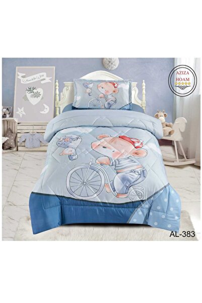 FABRIC لحاف أطفال/نفر بتصميم الدب على دراجة بلون الأزرق الفاتح. 3 قطع وسادة ت...
