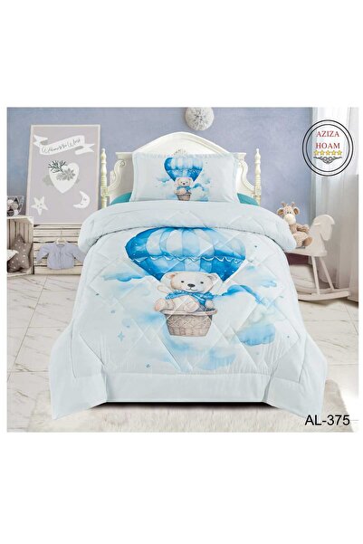 FABRIC Children's comforter set featuring a bear in a hot air balloon, in blu...