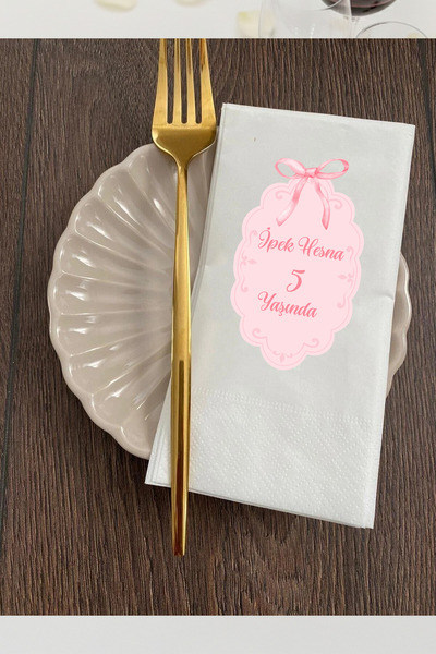 Peçetella Kişiye Özel İsim ve Yaş Yazılı Pembe Fiyonklu Doğum Günü Peçetesi 2...