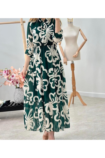 OEMN Women's Long Dress in Lined Veil - Floral Pattern