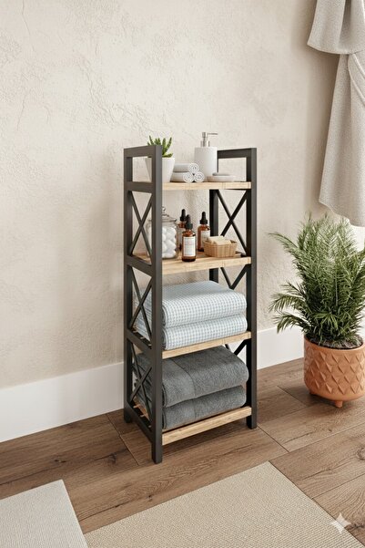 RAVILO Çok Amaçlı Dekoratif Banyo Rafı Mini 4 Katlı Meşe