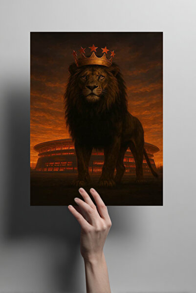 Metalino 5 Yıldız Taçlı Sarı Kırmızı Aslan Metal Poster – Stadyum Temalı Deko...