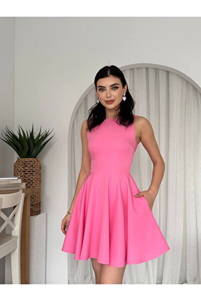 ETİKAFASHION Halter Yaka Cepli Mini Kloş Elbise