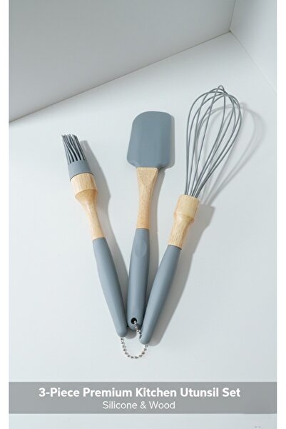 TARIK HOME Wooden Handle Silicone Spatula Brush Whisk Set of 3 - Fireproof No...