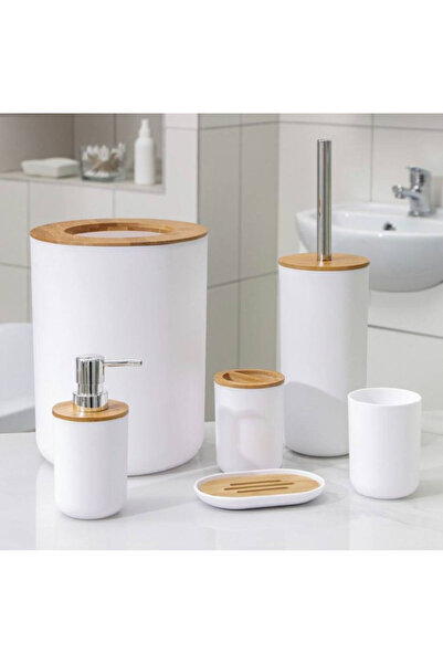 Avex Set Elegant pentru baie format din 6 piese, ABS + lemn, culoare alb/maro