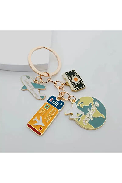 Hilosh Airplane Ticket World and Travel Themed Gold Color Keychain with Camer...