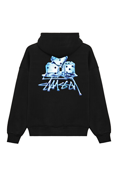 THE RULE Unisex Stüssy Ice Cube Printed Oversized Bowl Cut 3 Thread Ş Fleece-Lined Black K Hooded Sweatshirt Rf0604