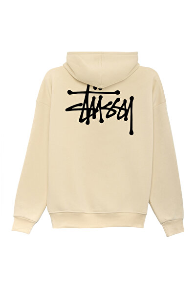 THE RULE Unisex Stüssy Back Text Printed Oversized Loose Fit Cotton 3 Thread Ş Fleece-Lined Beige K Hooded Sweatshirt