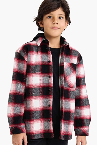 DeFacto Boy's Oversized Wide Fit Hooded Plaid Pattern Flannel Long Sleeve Shirt G4467A825Cw