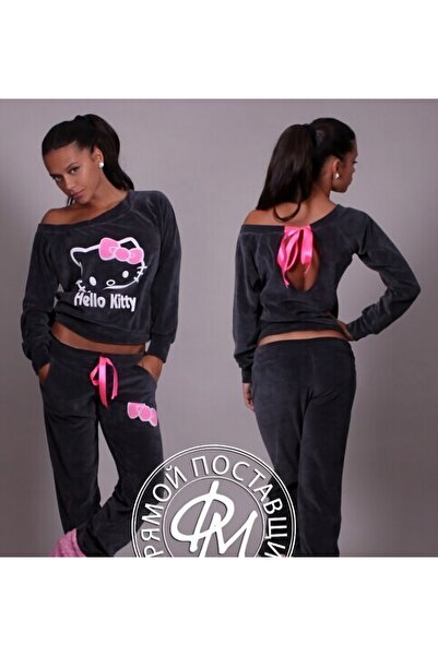 RANO-BOUTİQUE Soft velvet pajamas with a back opening and a distinctive ribbo...