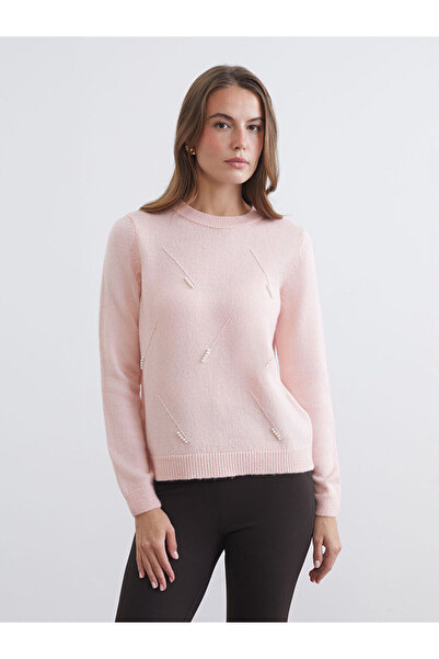LC Waikiki Pink Crew Neck Pearl Embroidered Women's Knitwear Sweater from Pat...