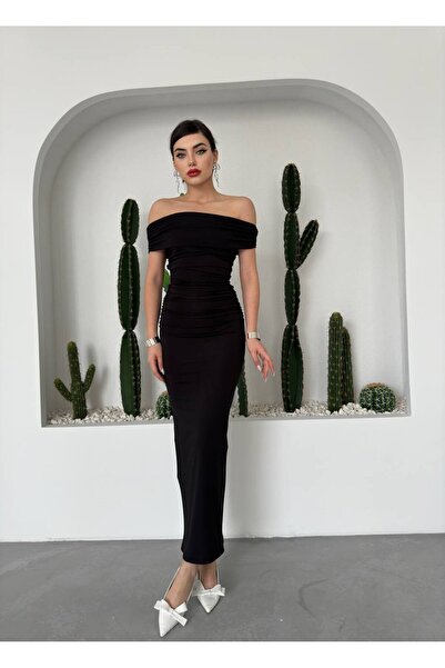 ETİKAFASHION Madonna Yaka Drapeli Slim Elbise