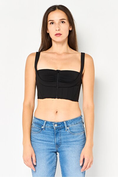 PİNKO Women Square Neck Sleeveless Plain Crop Top, Black