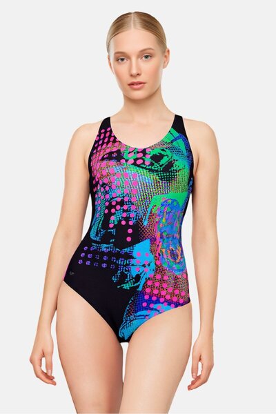 ARENA Women One Piece Abstract Print Francessa Criss Cross Back Swimsuit, Multicolor