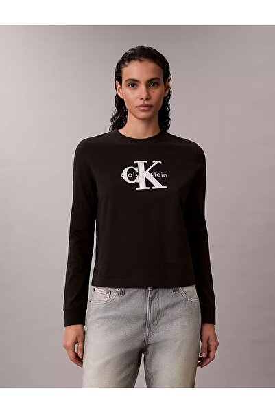 Calvin Klein Women's Regular Fit 100% Cotton Round Neck Logo Embroidered Long Sleeve Black T-Shirt Lv047E820G-Ub1
