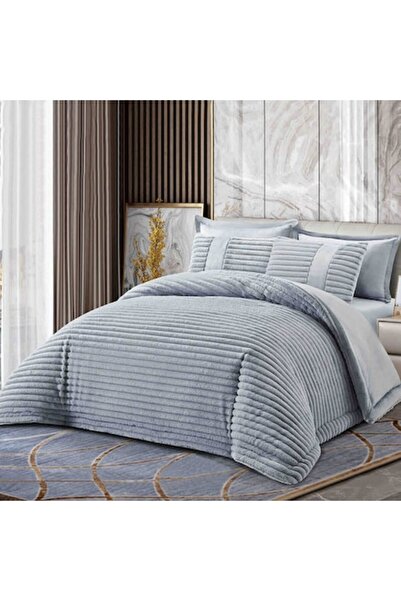 OEM 6-piece double bedding set with fitted sheet and duvet, faux rabbit fur, light gray, 200x230 cm