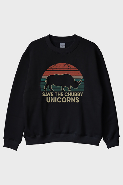 Generic Brand Save the Chubby Unicorns Retro Rhino Printed Black Crew Neck Sw...