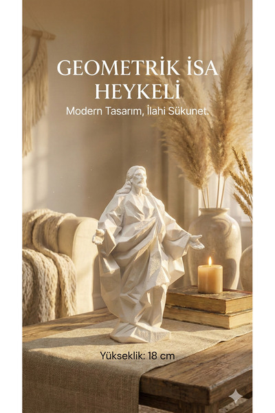 uAmor Dekoratif Geometrik İsa Heykeli - Modern Tasarım Beyaz Biblo Ev Ofis He...