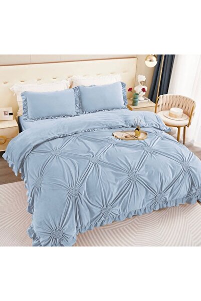 OEM Double Cocolino Velvet Bedding Set with Embroidered Pleats & Ruffles, 4 pcs, Blue