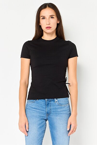 Karl Lagerfeld Women Crew Neck Short Sleeve Plain T-Shirt, Black